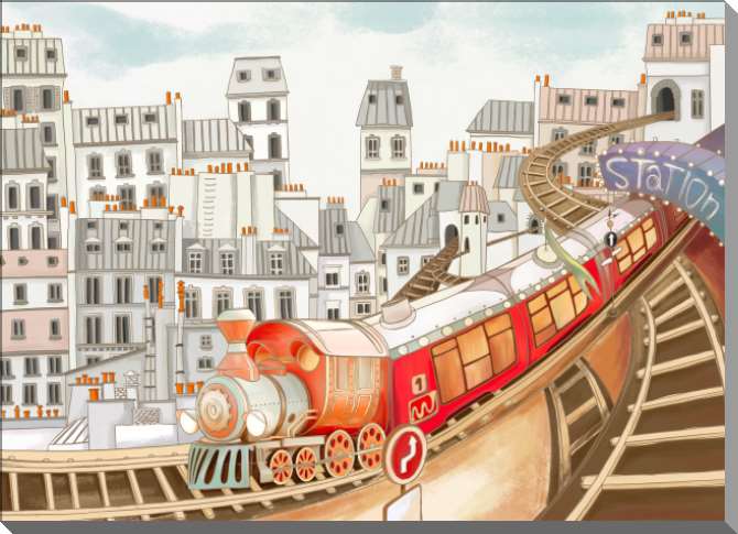 Картины на пластике, пеноркартоне Красочный поезд на фоне города