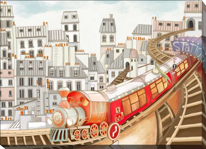 Картины Красочный поезд на фоне города