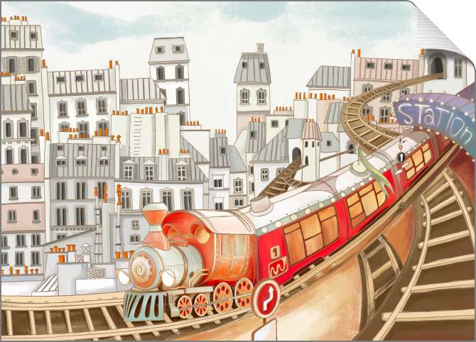 Картины на холсте Красочный поезд на фоне города