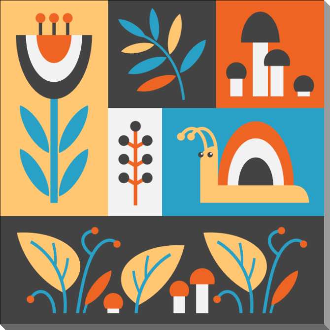 Картины на пластике, пеноркартоне Цветная композиция с улиткой и грибами