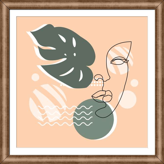 Репродукции картин The abstraction of tropical leaves and the contour of a woman's face is minimalistic