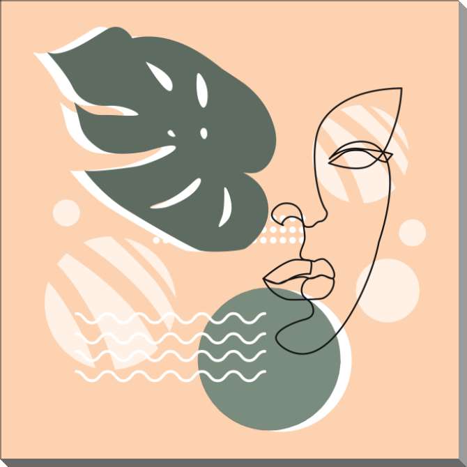 Картины на пластике, пеноркартоне Минималистична абстракция тропические листья и контур женского лица