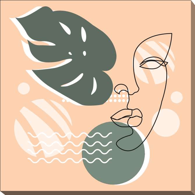 Картины на холсте The abstraction of tropical leaves and the contour of a woman's face is minimalistic