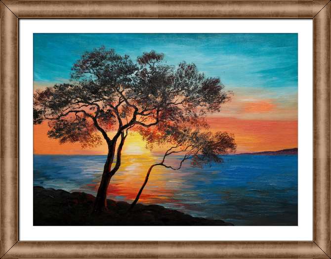 Репродукции картин A tree by the lake at sunset