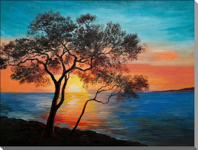 Картины на пластике, пеноркартоне Дерево у озера на закате