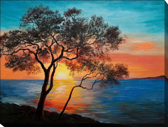 Paintings on canvas A tree by the lake at sunset