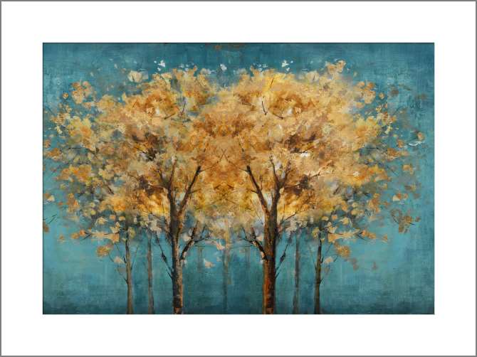 Картины на холсте Коричнево-золотые деревья на бирюзовом фоне