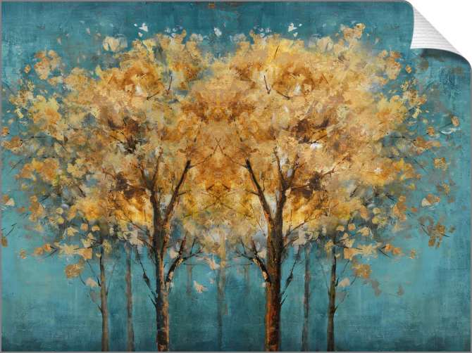 Картины на холсте Коричнево-золотые деревья на бирюзовом фоне