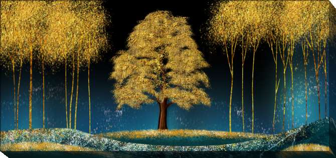 Paintings on canvas Golden trees on a blue background