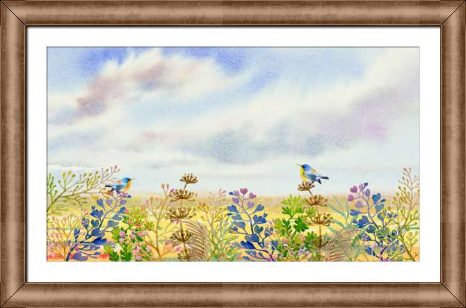 Репродукции картин Весенняя акварель с птицами на лугу