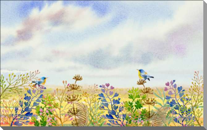 Картины на пластике, пеноркартоне Весенняя акварель с птицами на лугу
