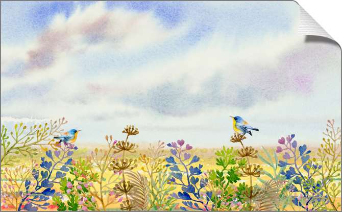 Картины на фотобумаге Весенняя акварель с птицами на лугу