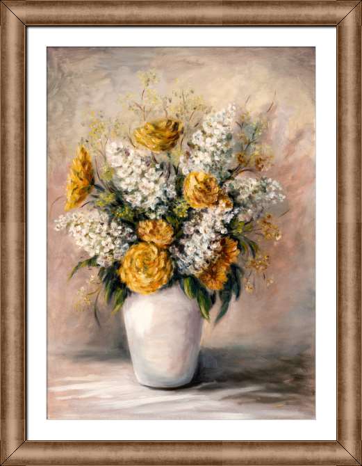 Репродукции картин Оранжевые хризантемы и сирень в белой вазе
