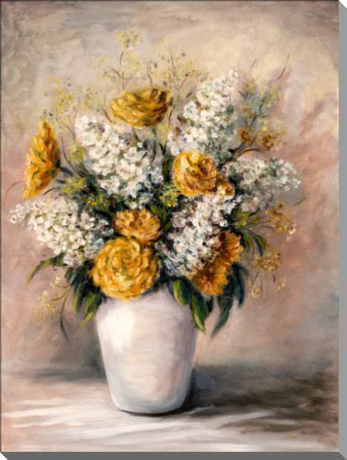Картины на пластике, пеноркартоне Оранжевые хризантемы и сирень в белой вазе