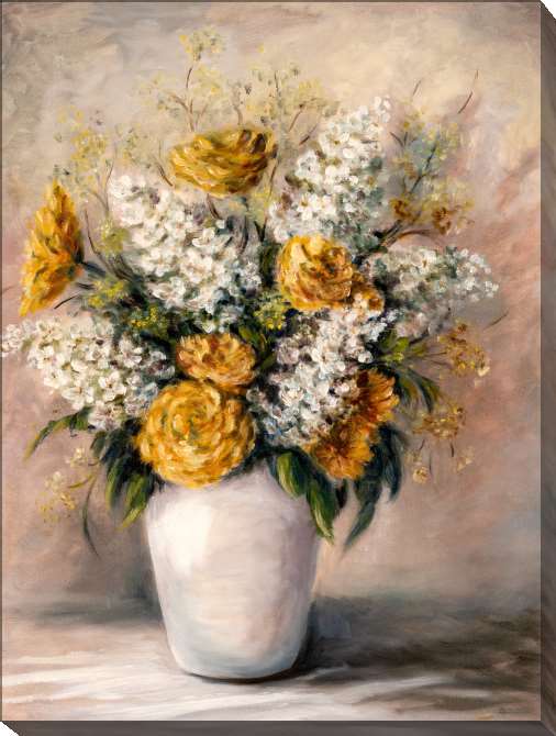 Paintings on canvas Orange chrysanthemums and lilacs in a white vase