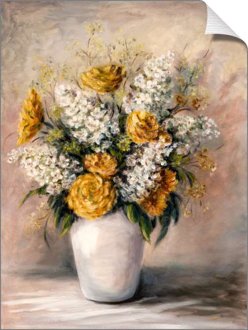 Картины на фотобумаге Оранжевые хризантемы и сирень в белой вазе