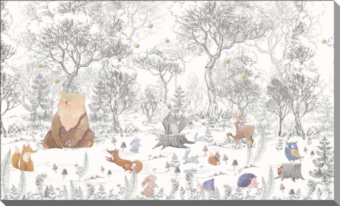 Картины на пластике, пеноркартоне Черно-белый лес с милыми животными