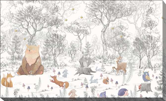 Картины на холсте Black and white forest with cute animals