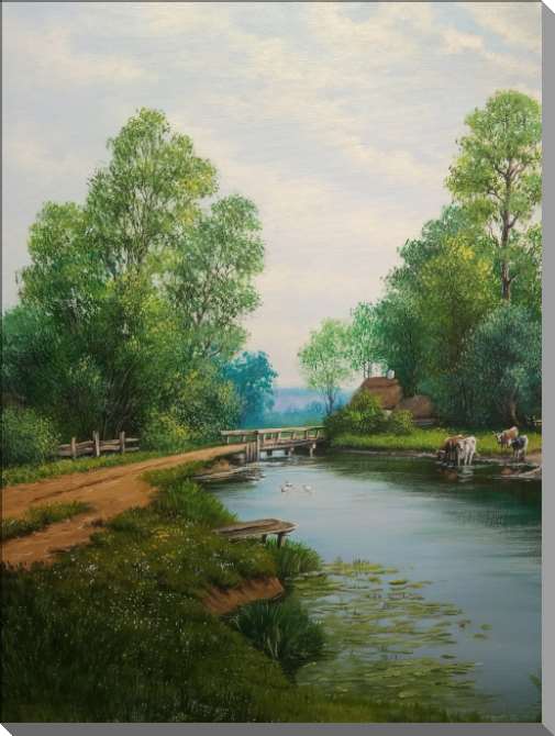 Картины на пластике, пеноркартоне Старый дом на берегу реки