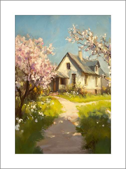 Картины, фото с паспарту Старый дом в цветущем саду