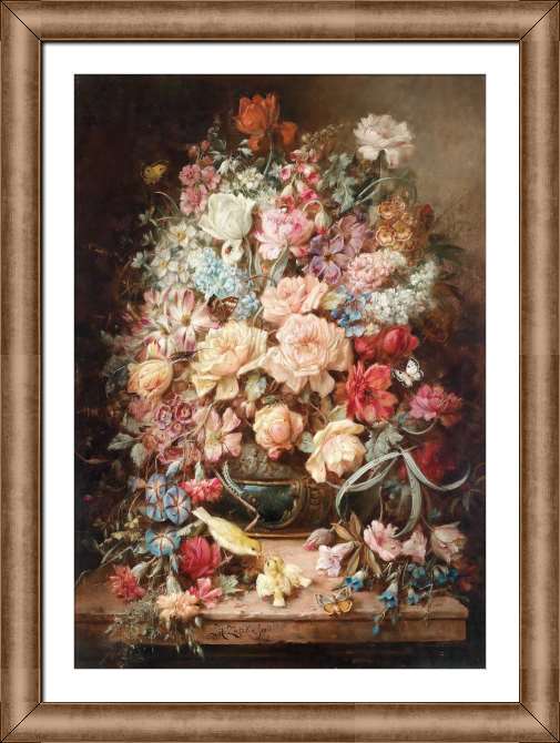 Картины в рамке, багете Большой цветочный натюрморт с бабочками и птицами