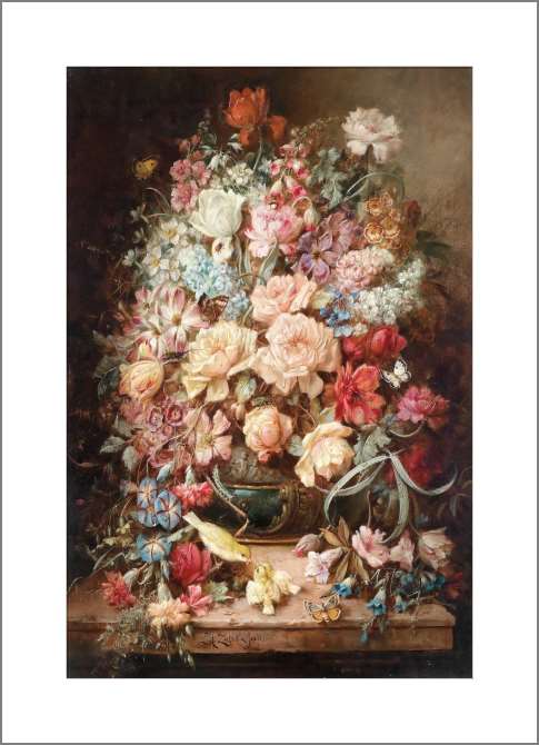 Картины, фото с паспарту Большой цветочный натюрморт с бабочками и птицами