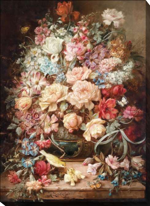 Картины на подрамнике Большой цветочный натюрморт с бабочками и птицами