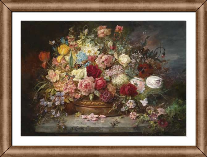 Картины в рамке, багете Букет цветов в медной вазе