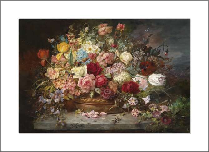 Картины, фото с паспарту Букет цветов в медной вазе