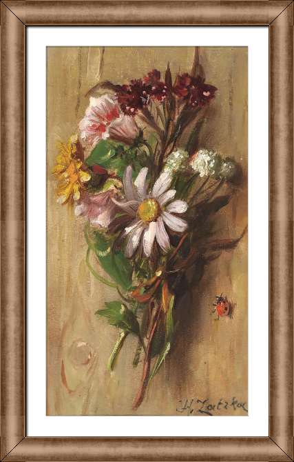 Картины в рамке, багете Букет цветов с божьей коровкой