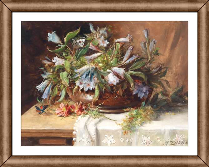 Картины в рамке, багете Горечавки в керамической вазе