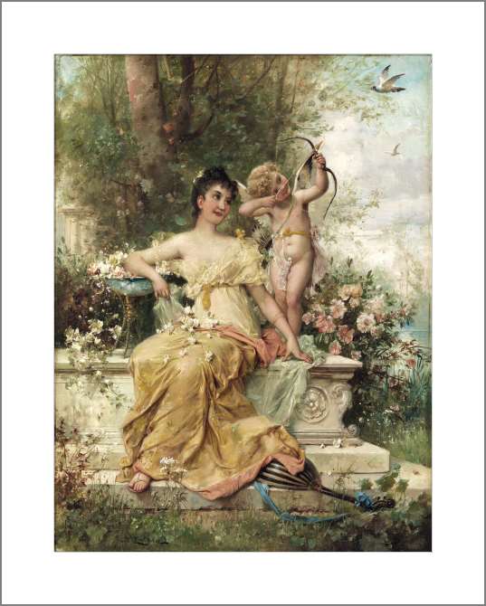 Картины, фото с паспарту Девушка и Амур в парке