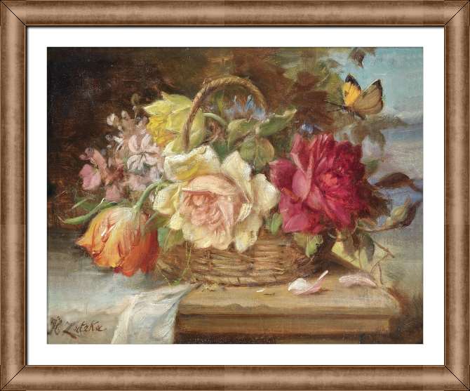 Картины в рамке, багете Корзина с цветами и бабочка