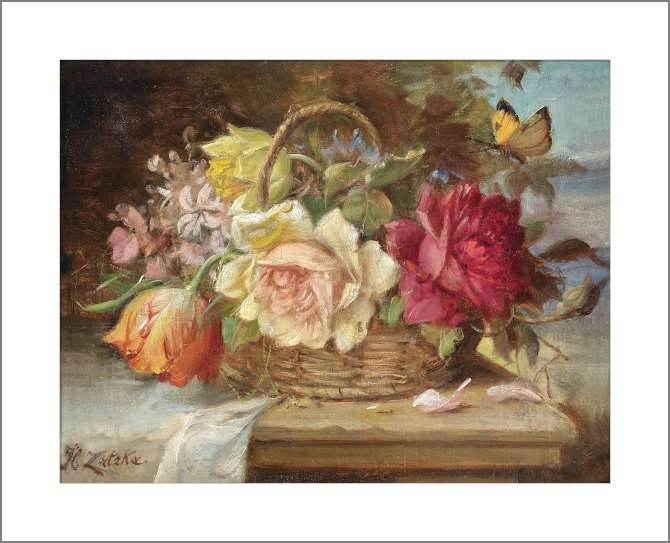 Картины, фото с паспарту Корзина с цветами и бабочка
