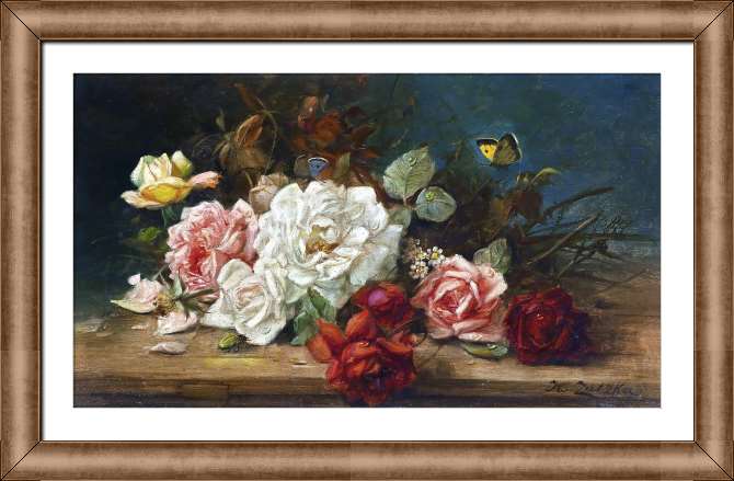 Картины в рамке, багете Натюрморт с розами, ирисами, мальвой и другими цветами, с бабочками и какаду