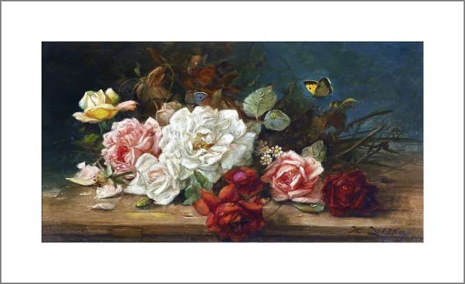 Картины, фото с паспарту Натюрморт с розами, ирисами, мальвой и другими цветами, с бабочками и какаду