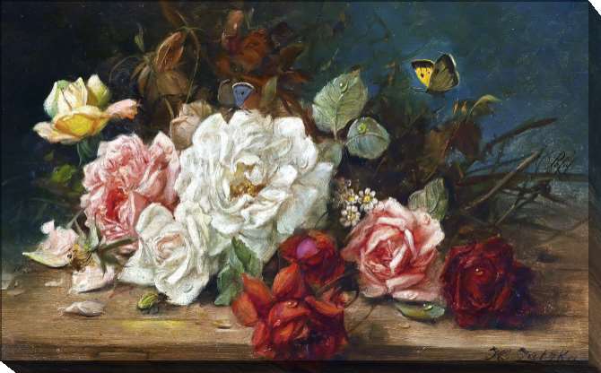 Картины на подрамнике Натюрморт с розами, ирисами, мальвой и другими цветами, с бабочками и какаду