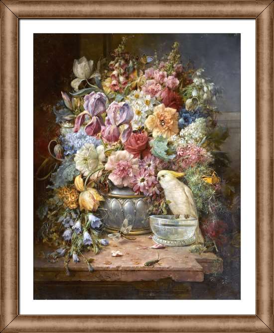 Картины в рамке, багете Натюрморт с розами, ирисами, мальвой и другими цветами, с бабочками и какаду