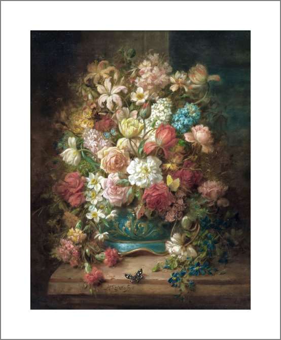 Картины, фото с паспарту Натюрморт с цветами и бабочками