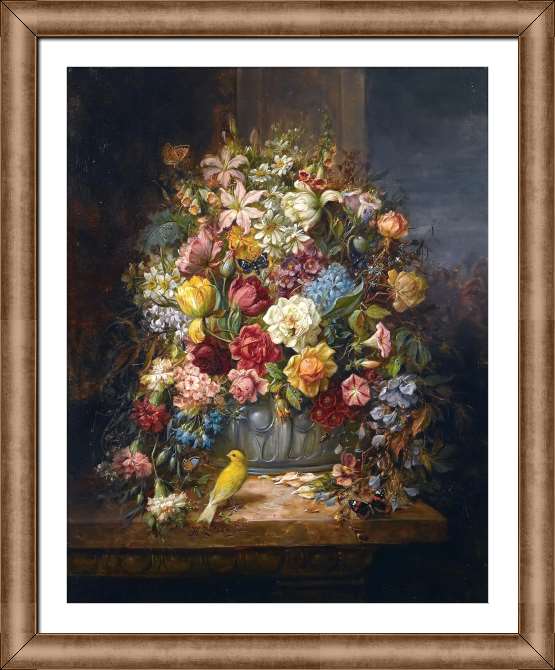 Картины в рамке, багете Цветочный натюрморт с канарейкой и бабочками
