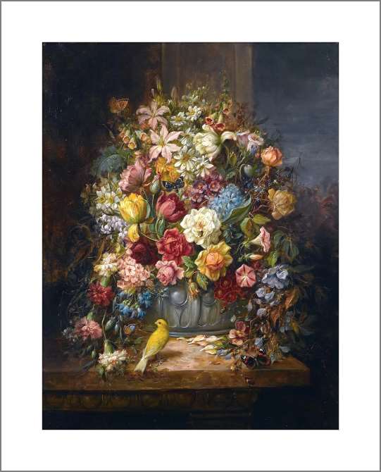 Картины, фото с паспарту Цветочный натюрморт с канарейкой и бабочками