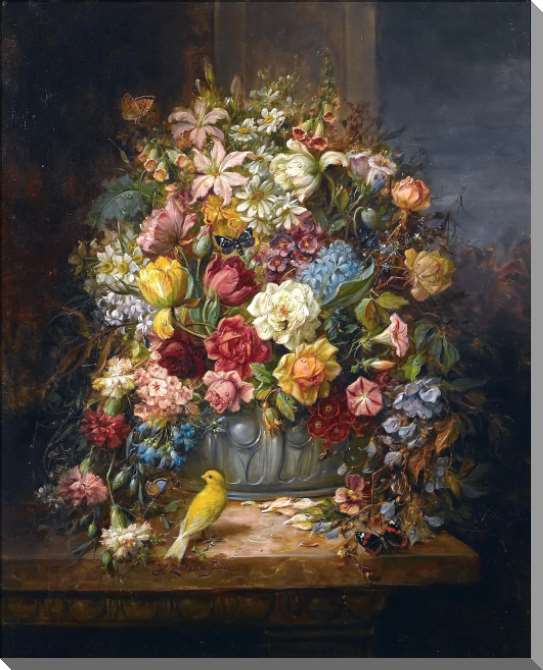 Paintings on plastic, foam cardboard Floral still life with a canary and butterflies