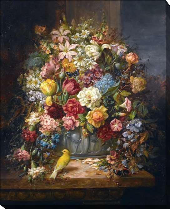 Картины на подрамнике Цветочный натюрморт с канарейкой и бабочками