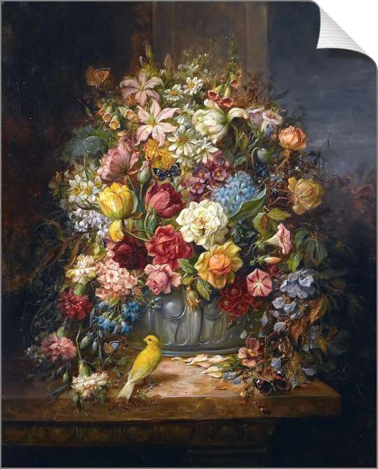 Картины на фотобумаге Цветочный натюрморт с канарейкой и бабочками