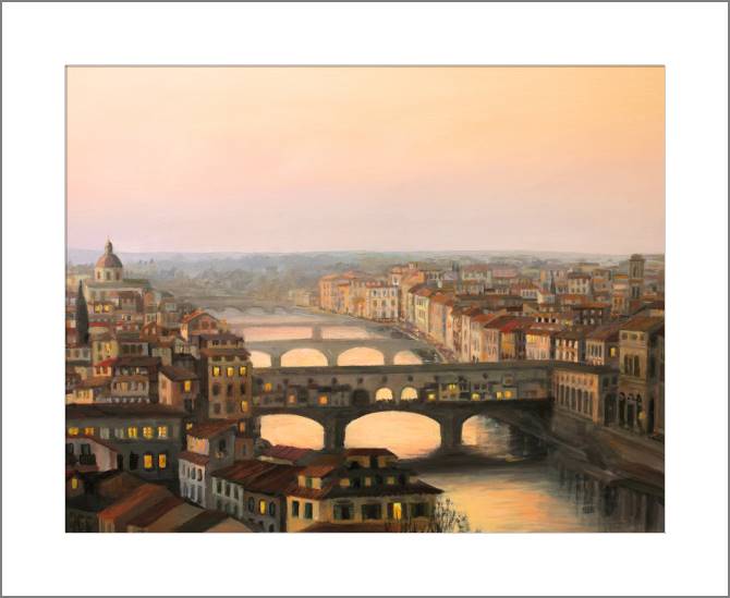 Купить и печать на заказ Картины, фото с паспарту Закат на реке Арно во Флоренции