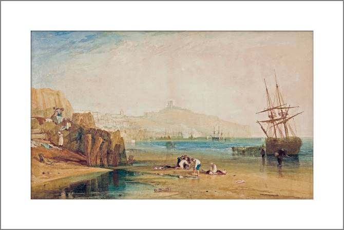 Купить и печать на заказ Картины, фото с паспарту Уильям Тёрнер Scarborough Town and Castle, Morning, Boys Catching Crabs