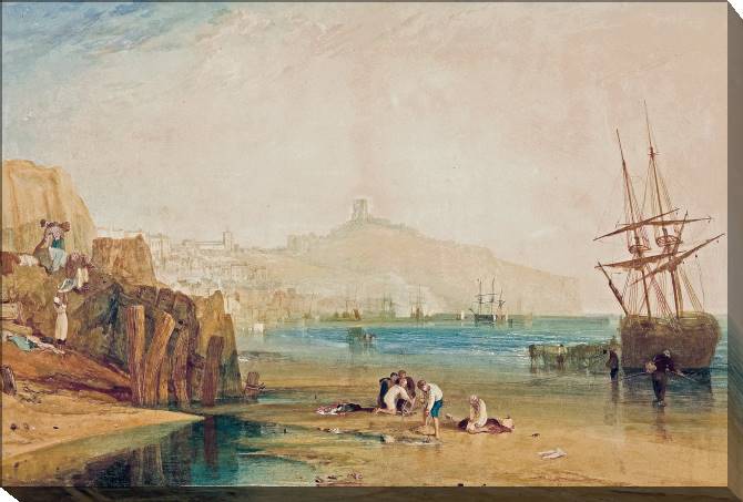 Купить и печать на заказ Картины на холсте Уильям Тёрнер Scarborough Town and Castle, Morning, Boys Catching Crabs