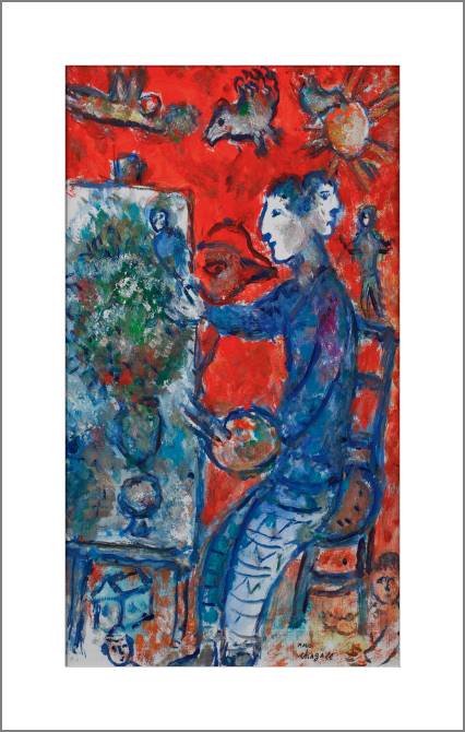 Купить и печать на заказ Картины, фото с паспарту Художник с двойным профилем на красном фоне