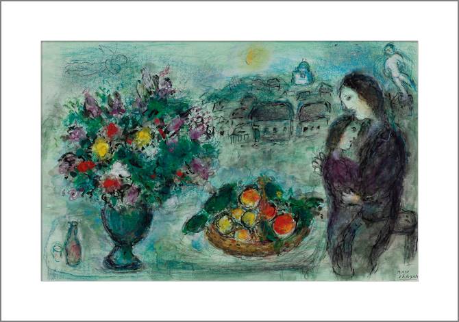 Купить и печать на заказ Картины, фото с паспарту Цветы и корзина с фруктами