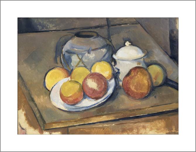 Купить и печать на заказ Картины, фото с паспарту Поль Сезанн Straw-Trimmed Vase, Sugar Bowl and Apples